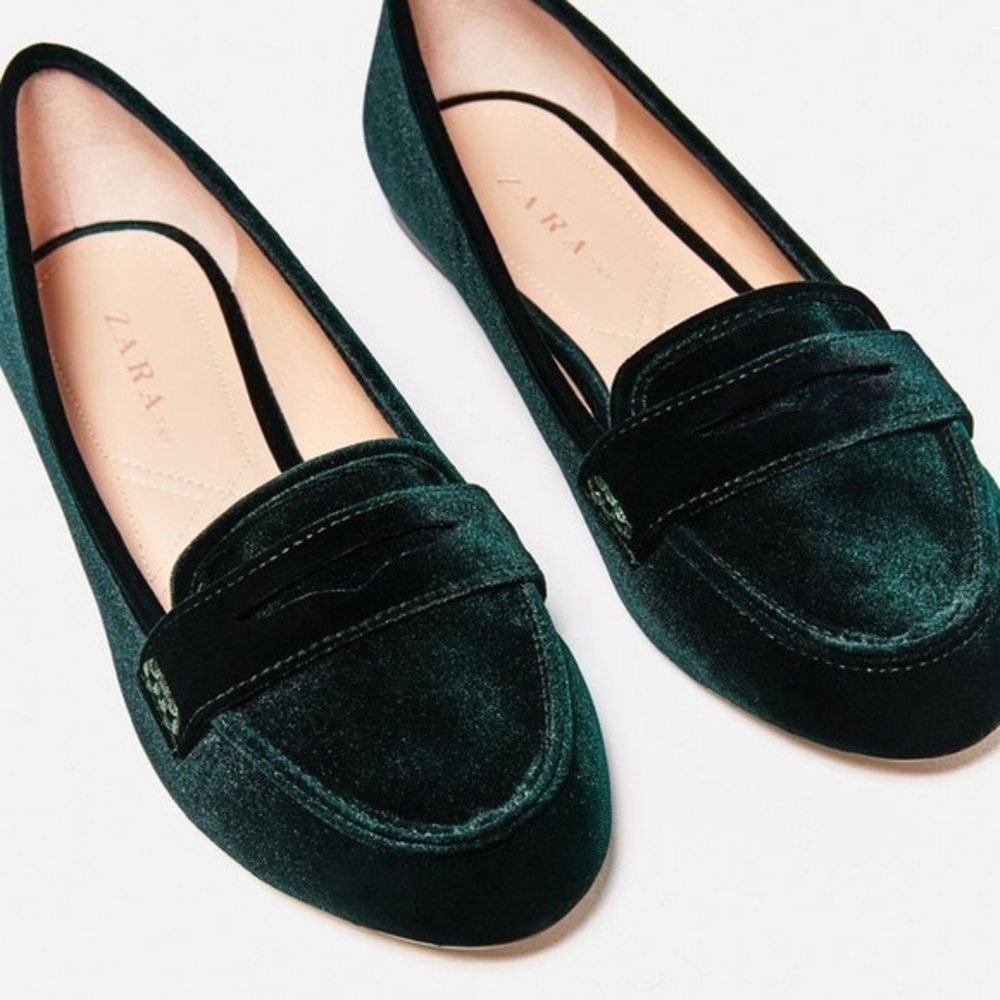 Zara Green Velvet Loafers